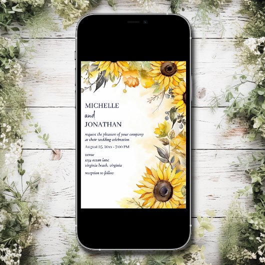 美しい水色ひまわりフローラ結婚ズ 招待状