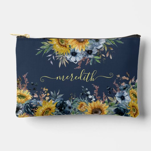 美しい水色ひまわりブルーバックグラウンド名 アクセサリーポーチ (正面)