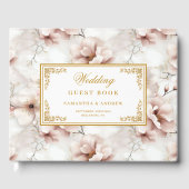 美しい水色ほこりっぽいピンクの花の金ゴールド結婚ズ ゲストブック (正面)