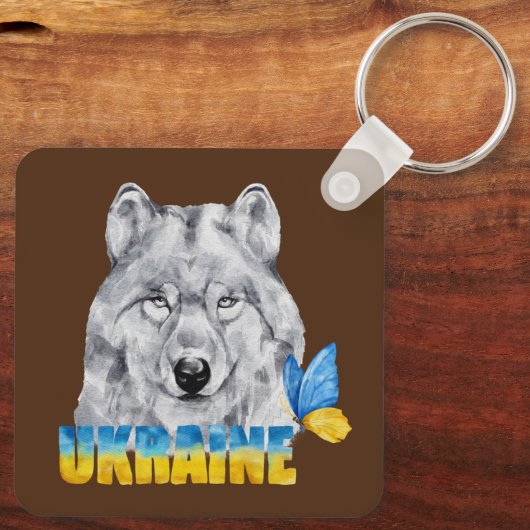 美しい水色ウクライナウルフと蝶 キーホルダー (裏面)
