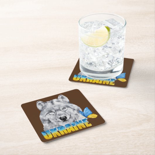 美しい水色ウクライナウルフと蝶 スクエアペーパーコースター (インサイチュ)