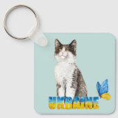 美しい水色ウクライナ猫と蝶 キーホルダー (正面)