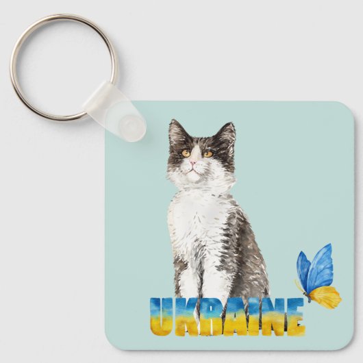 美しい水色ウクライナ猫と蝶 キーホルダー (正面)