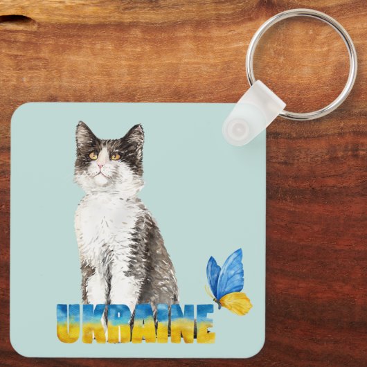 美しい水色ウクライナ猫と蝶 キーホルダー (裏面)