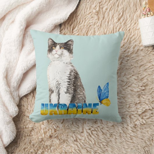 美しい水色ウクライナ猫と蝶 クッション (ブランケット)
