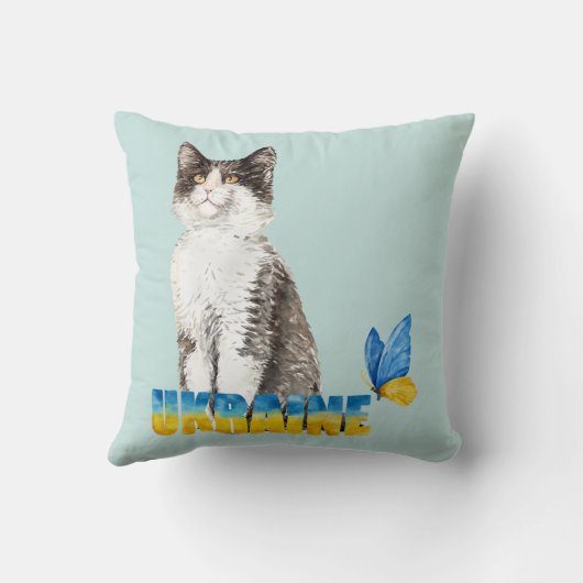 美しい水色ウクライナ猫と蝶 クッション (裏面)