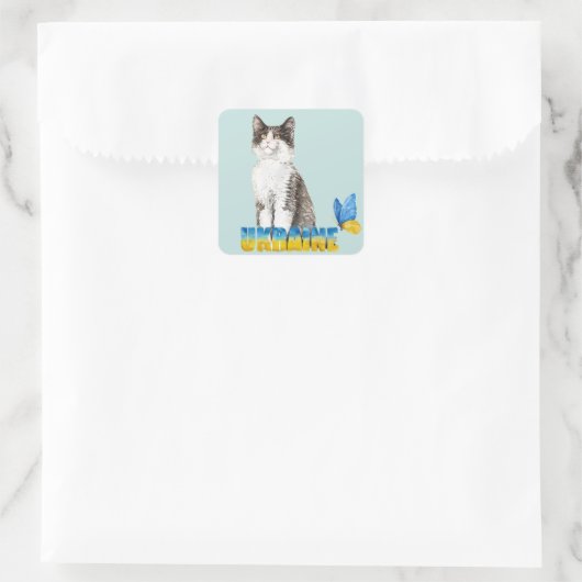 美しい水色ウクライナ猫と蝶 スクエアシール (バッグ)