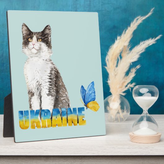 美しい水色ウクライナ猫と蝶 フォトプラーク (側面)