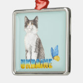 美しい水色ウクライナ猫と蝶 メタルオーナメント (左)