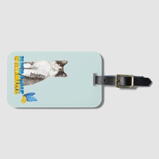 美しい水色ウクライナ猫と蝶 ラゲッジタグ (正面横)