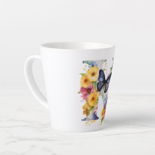 美しい水色バタフライモノグラム カフェラテマグ (左アングル)