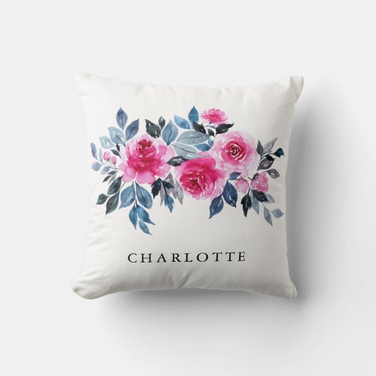 美しい水色ピンクのフローラと名前 クッション (正面)