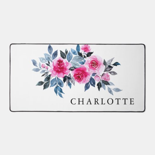 美しい水色ピンクのフローラと名前 デスクマット (正面)