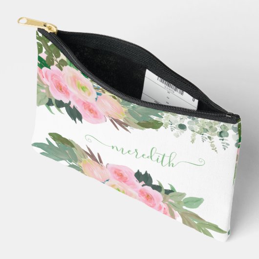 美しい水色ピンクの花の名パーソナライズされた前 アクセサリーポーチ (見開き)