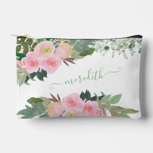 美しい水色ピンクの花の名パーソナライズされた前 アクセサリーポーチ (正面)
