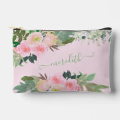 美しい水色ピンクの花の名パーソナライズされた前 アクセサリーポーチ (正面)