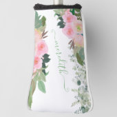 美しい水色ピンクの花の名パーソナライズされた前 ゴルフヘッドカバー (回転90)
