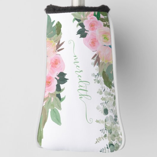 美しい水色ピンクの花の名パーソナライズされた前 ゴルフヘッドカバー (回転90)