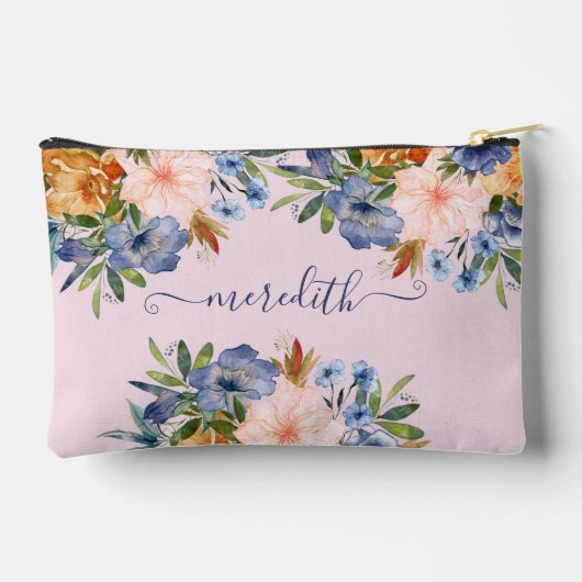 美しい水色ピンクの青い花名 アクセサリーポーチ (裏面)