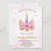 美しい水色フローラユニコーンホーン誕生日 招待状 (正面)
