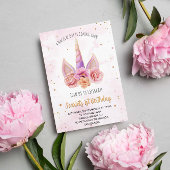 美しい水色フローラユニコーンホーン誕生日 招待状