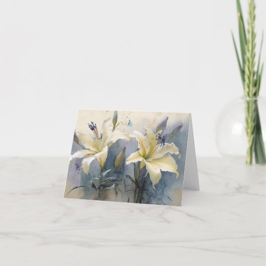 美しい水色ホワイトクリームパープルユリ サンキューカード (正面)