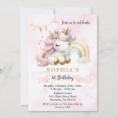 美しい水色ユニコーンとレインボー誕生日 招待状 (正面)