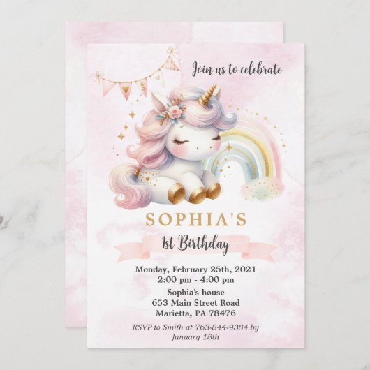 美しい水色ユニコーンとレインボー誕生日 招待状 (正面/裏面)