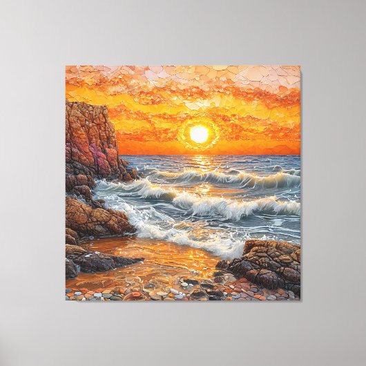 美しい波とともに広がる夕焼けの海 キャンバスプリント (正面)
