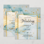 美しい海のガラス金ゴールド結婚式の招待ターコイズ (正面/裏面)