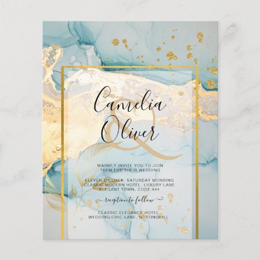 美しい海のガラス金ゴールド結婚式の招待ターコイズ チラシ (正面)