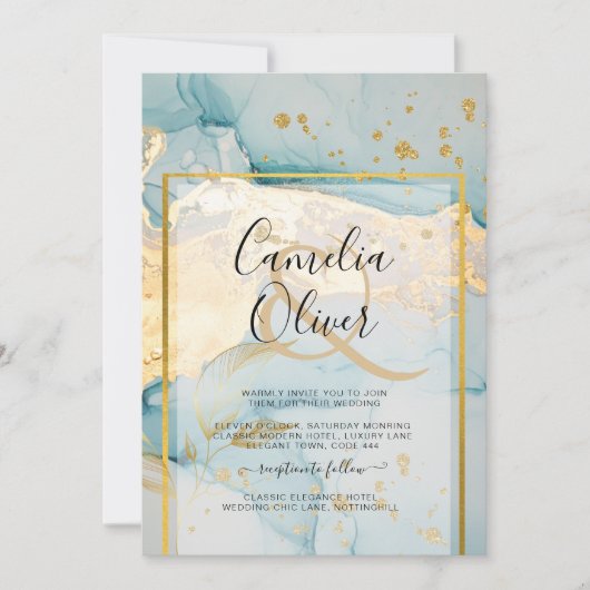 美しい海のガラス金ゴールド結婚式の招待ターコイズ 招待状 (正面)