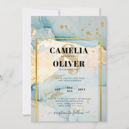 美しい海のガラス金ゴールド結婚式の招待ターコイズ 招待状 (正面)