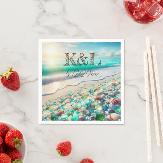 美しい海の波と海のガラスパーソナライズされた スタンダードカクテルナプキン (インサイチュ)