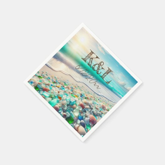 美しい海の波と海のガラスパーソナライズされた スタンダードカクテルナプキン (角)