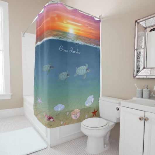 美しい海サンライズ、ウミガメと真珠 シャワーカーテン (インサイチュ)