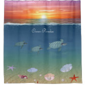 美しい海サンライズ、ウミガメと真珠 シャワーカーテン (正面)