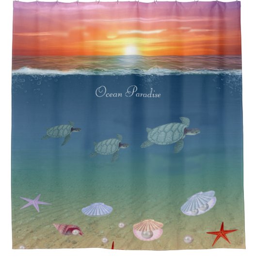 美しい海サンライズ、ウミガメと真珠 シャワーカーテン (正面)