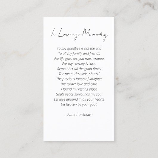 美しい海ビーチ写真葬式祈りの言葉カード 名刺 (裏面)