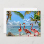 美しい海ピンクフラミンゴスパームツリーズサンド ポストカード (正面/裏面)