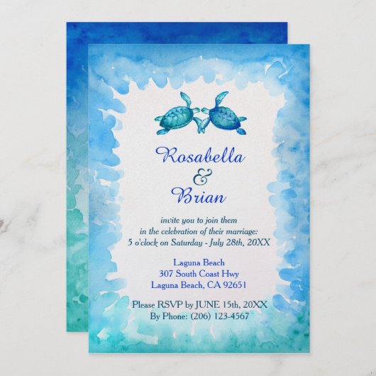 美しい海亀の結婚式招待状 - 青と緑 招待状 (正面/裏面)