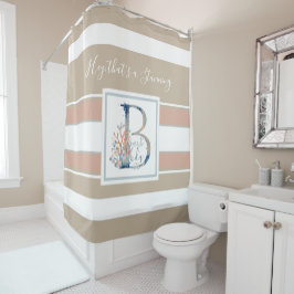 美しい海岸サンゴと青いモノグラストライプのム シャワーカーテン