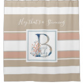 美しい海岸サンゴと青いモノグラストライプのム シャワーカーテン (正面)