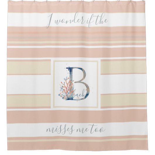 美しい海岸サンゴブルーのモノグラムピストライプのンク シャワーカーテン (正面)