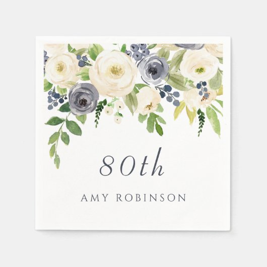 美しい海軍と白の花80th誕生日パーティー スタンダードカクテルナプキン (正面)
