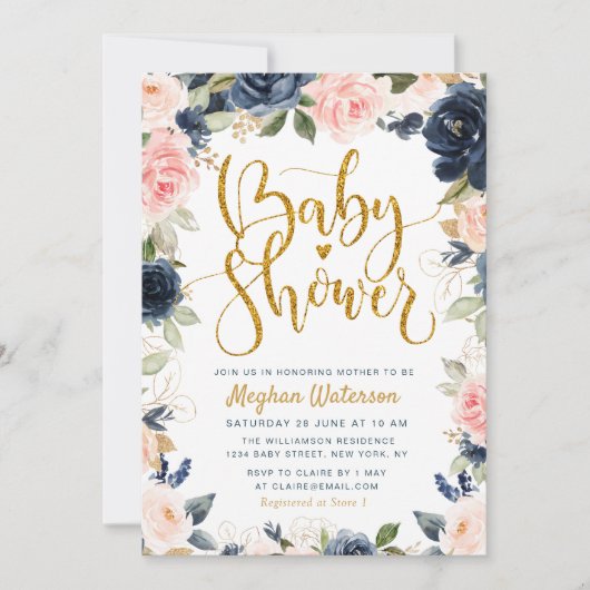 美しい海軍と赤面フローラの赤ちゃんシャワー 招待状 (正面)