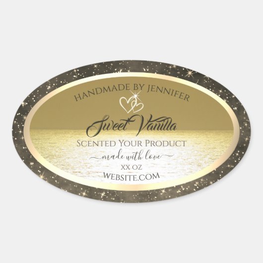 美しい海金ゴールドとベージュ色の製品ラベル 楕円形シール (正面)