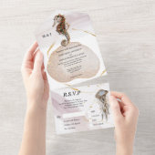 美しい海馬とクラゲのウェディング招待状　ゴールドとピンクの輝き オールインワン招待状 (貼ってはがせる)