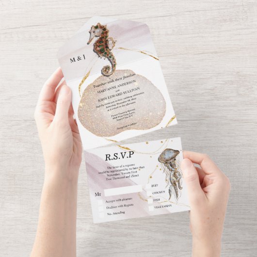 美しい海馬とクラゲのウェディング招待状 ゴールドとピンクの輝き オールインワン招待状 (貼ってはがせる)