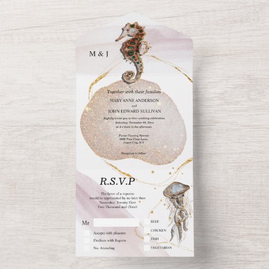 美しい海馬とクラゲのウェディング招待状　ゴールドとピンクの輝き オールインワン招待状 (内側)